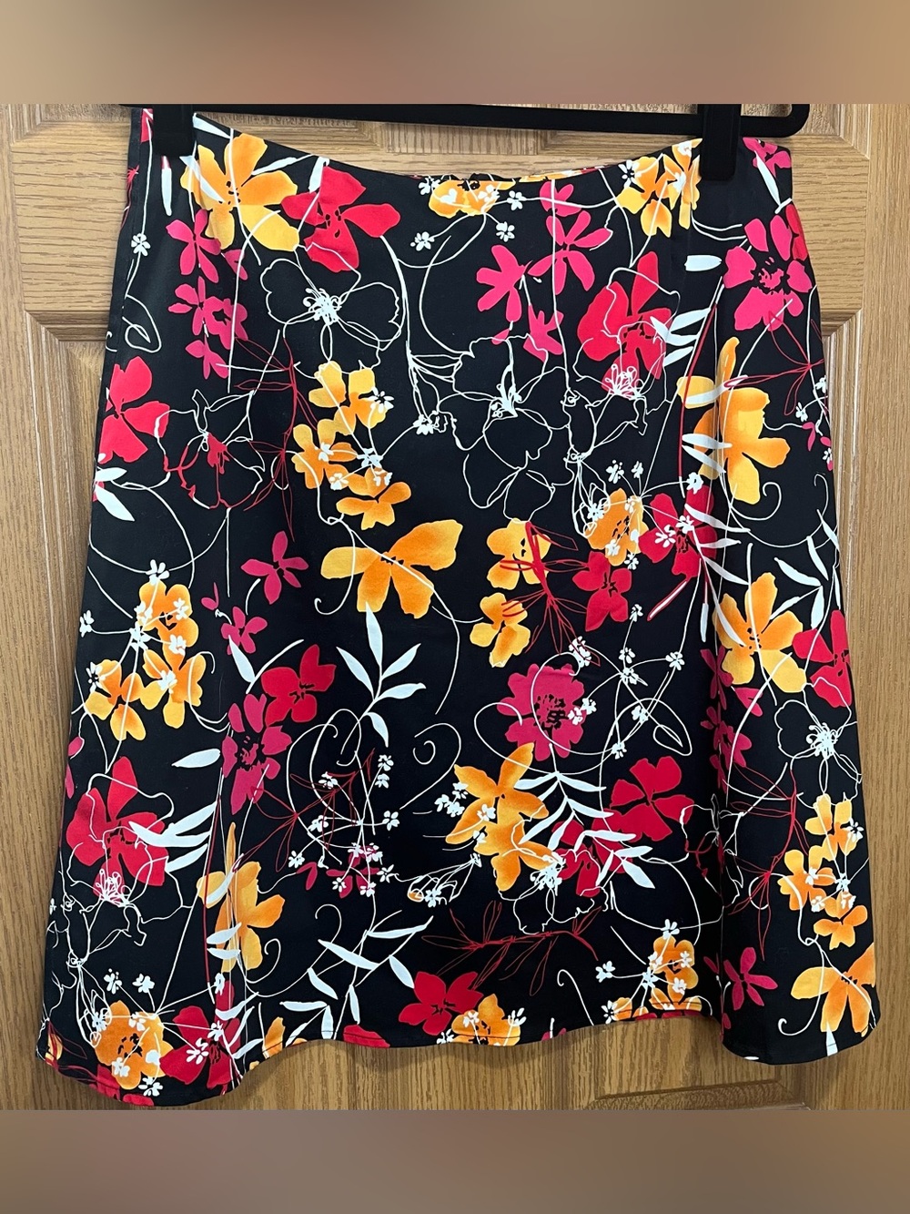 Floral A-Line Skirt in Black with Pink & Yellow Flowers